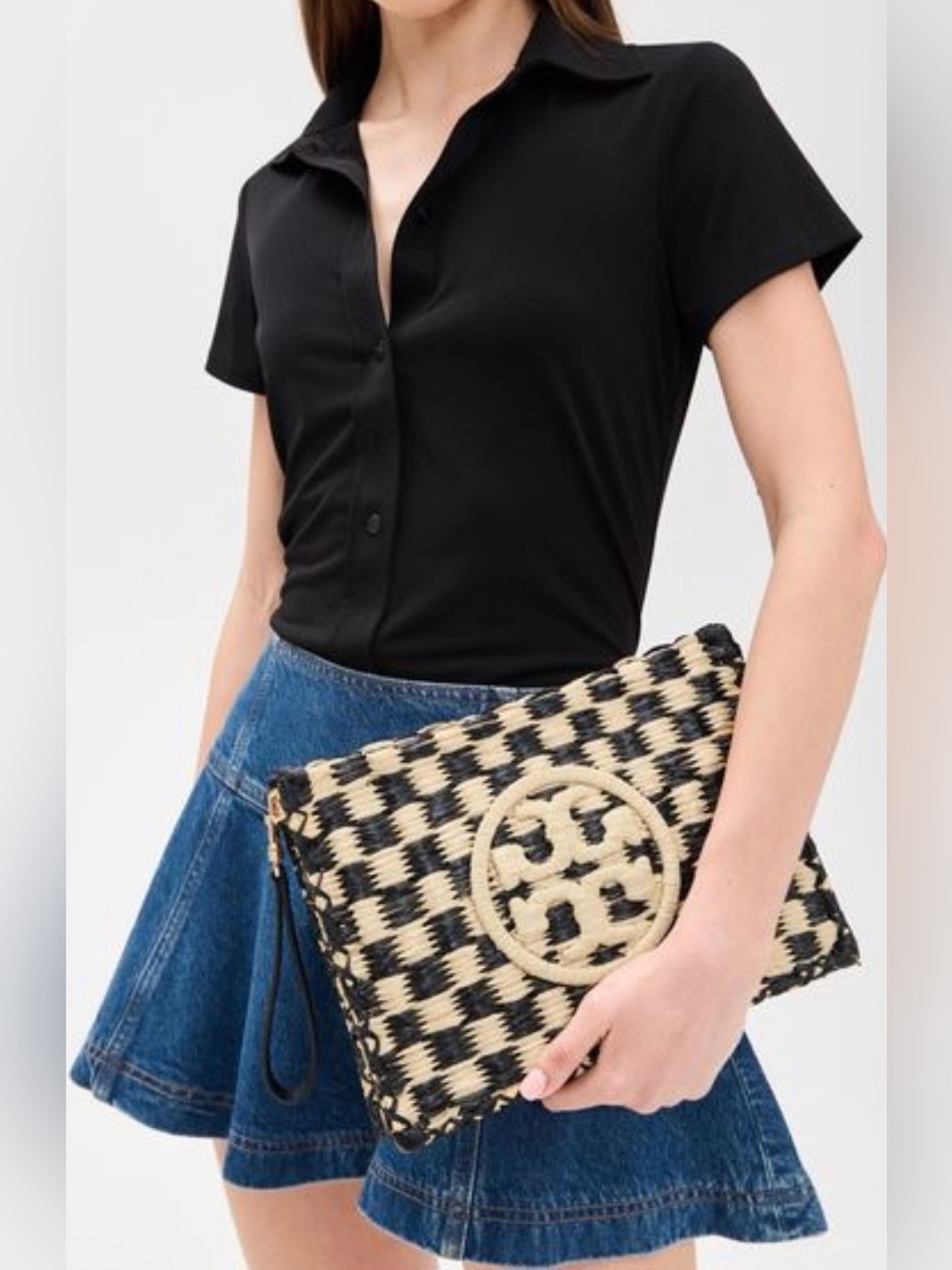 Tory Burch Woven Black & Natural Patterned Wristlet Clutch